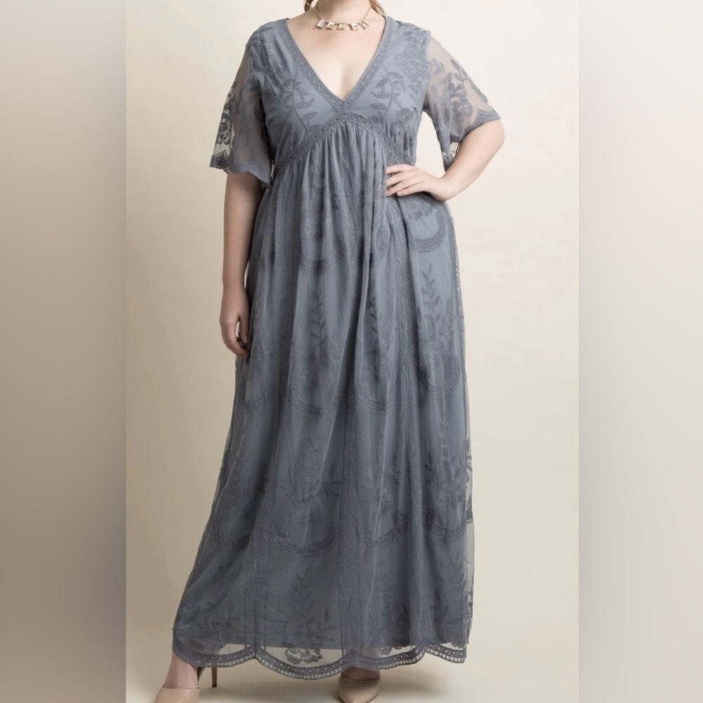 Blue/Grey Lace Overlay Floor Length Gown by Vanilla Bay